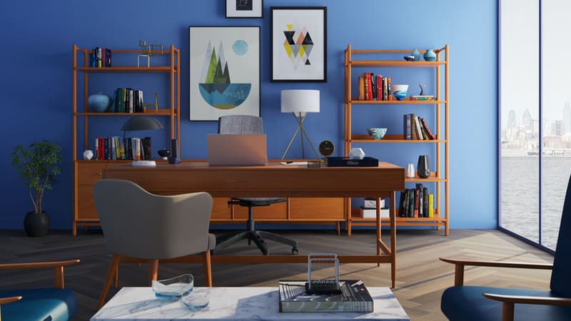 brown wooden desk with rolling chair and shelves near window 1 brown-wooden-desk-with-rolling-chair-and-shelves-near-window
